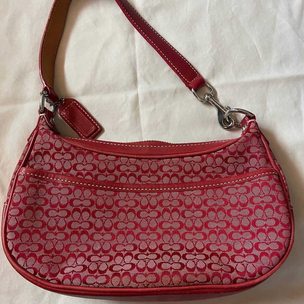 Coach Red Geometric Shoulder Bag with Leather Trim